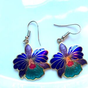 Vintage Colorful Enamel Floral Dangle Earrings, Tropical Flowers Blue Purple